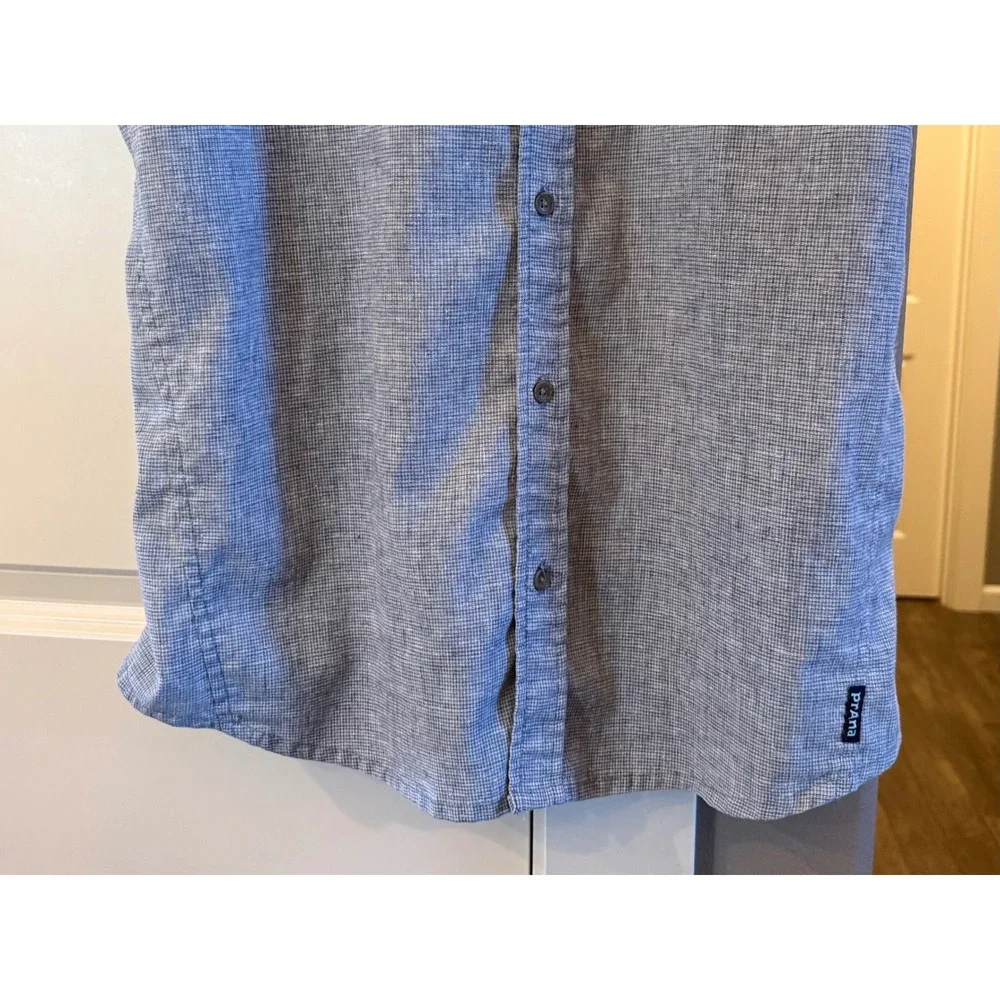 PrAna Men's Short Sleeve L Gray/Blue Textured Button Down Casual Shirt Gorpcore